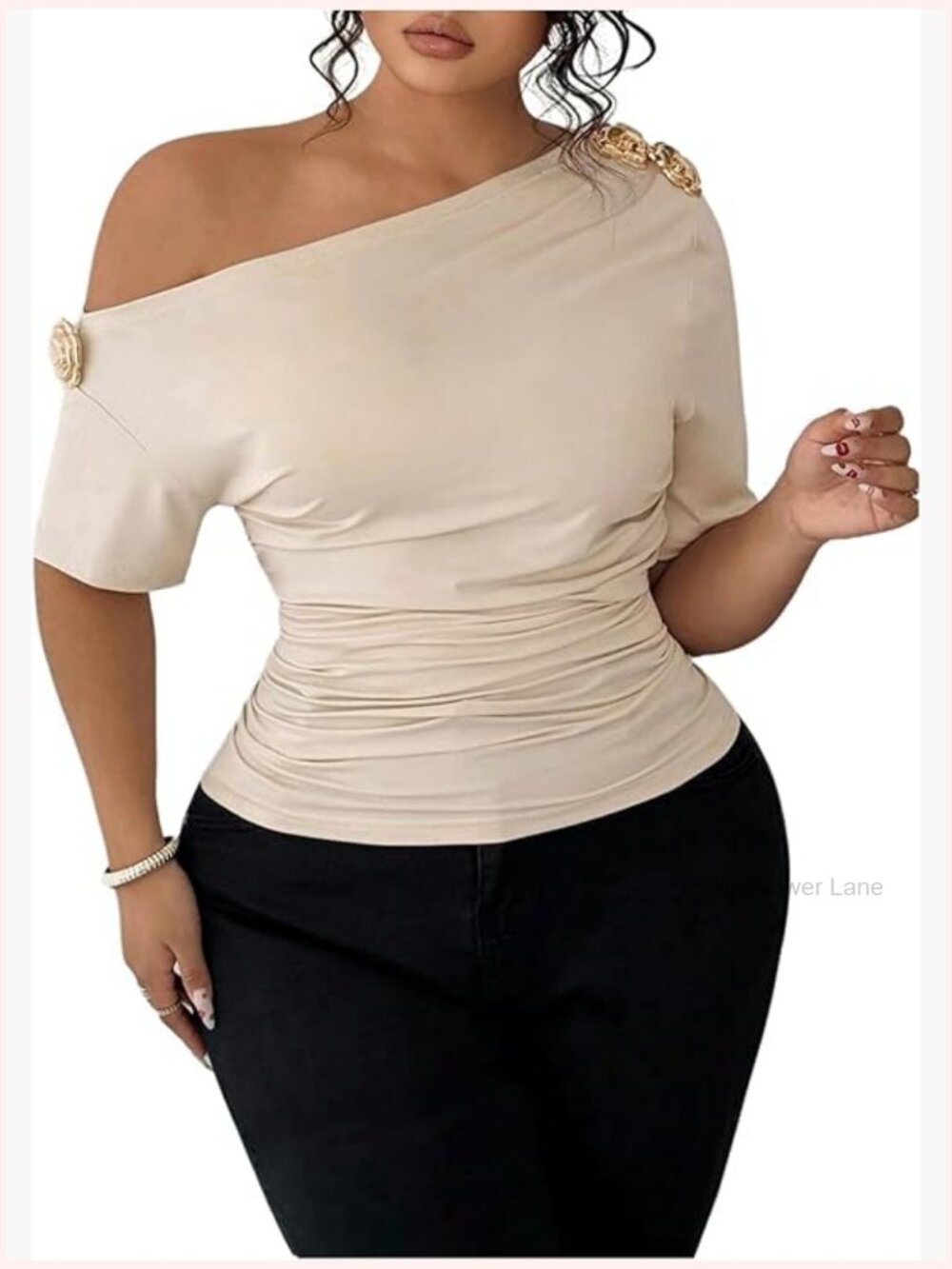 Plus Size Off Shoulder Tops Elegant 3D Floral Ruched Short Sleeve Blouse